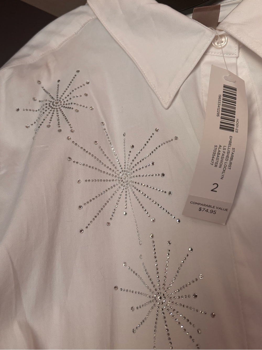 Chico's White Button-Up Top with Silver Rhinestone Starburst